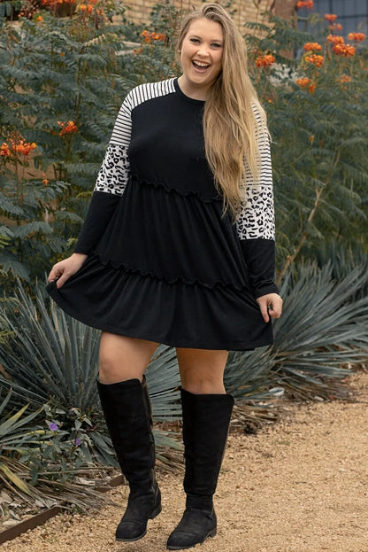 Black Plus Size Striped Leopard Patch Sleeve Ruffle Tiered Dress - Chic Meadow Boutique 