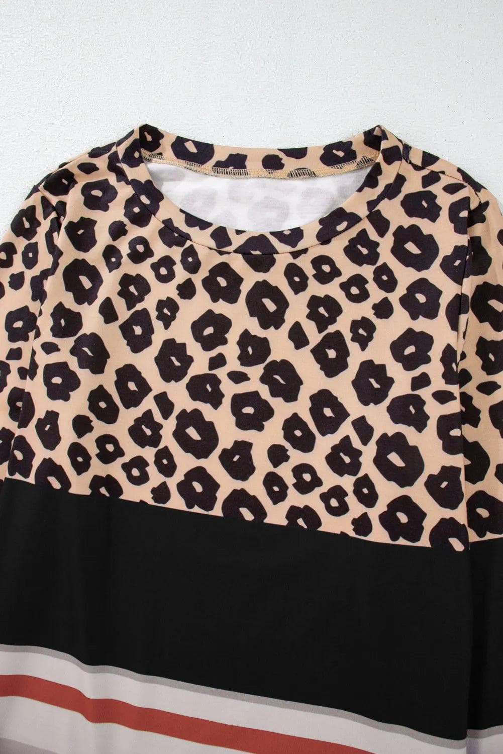 Tops/Long Sleeve Tops Khaki Leopard Color Block Crewneck Long Sleeve Top