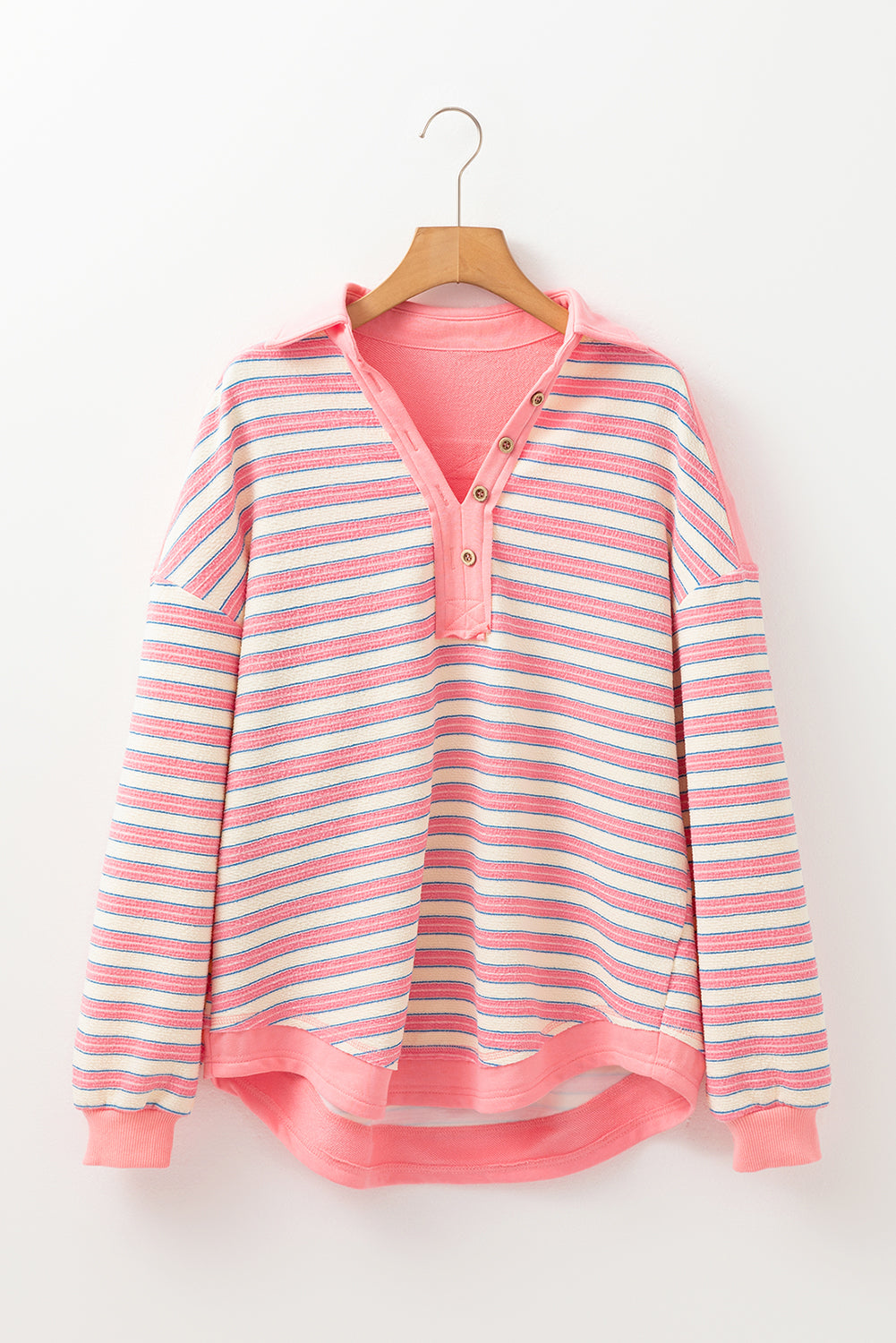 Pink Stripe Buttoned V Neck Collared Drop Shoulder Top