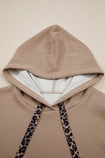Dark Khaki Thermal Textured Leopard Drawstring Baggy Hoodie
