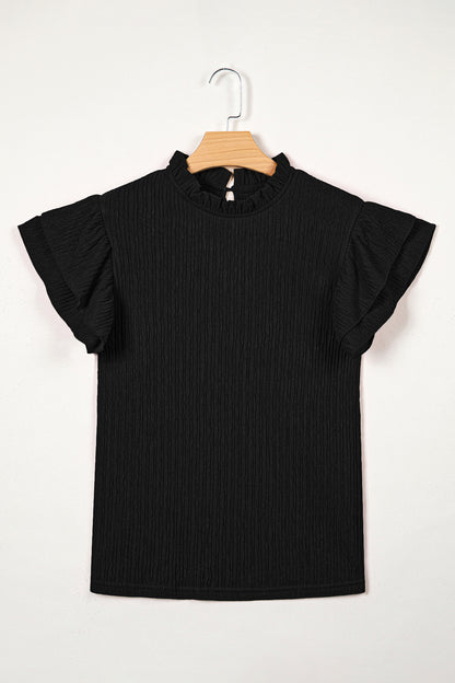 Black Solid Color Textured Ruffle Trim Short Sleeve Blouse