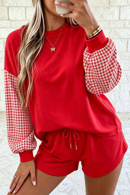 Red Plaid Patchwork Long Sleeve Top Solid Drawstring Shorts Set