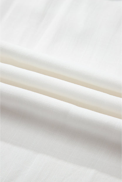 White Floral Embroidered Drawstring V Neck Blouse