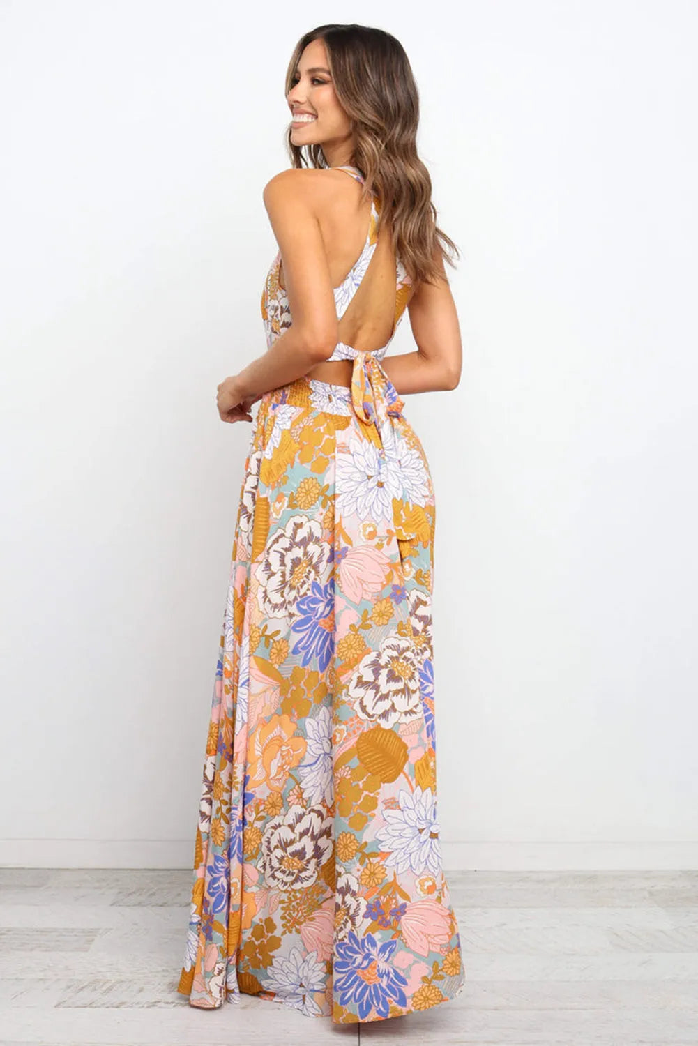 Orange Boho Floral Backless Lace up Sleeveless Maxi Dress - Chic Meadow Boutique 