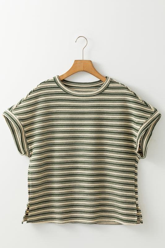 Green Stripe Textured Side Slits Crew Neck T Shirt
