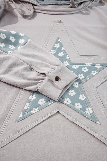 Beau Blue Floral Patchwork Star Pattern Drawstring Hoodie - Chic Meadow Boutique 