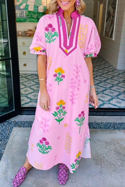 Pink Floral Print Short Sleeve Colorblcok Trim V Neck Midi Dress