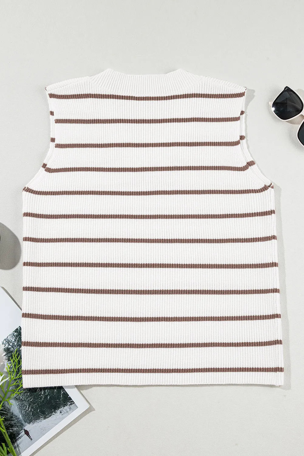 Khaki Stripe V Neck Knitted Loose Sweater Vest - Chic Meadow Boutique 