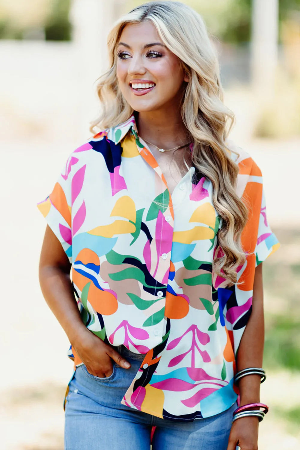 Multicolour Abstract Leafy Print Short Sleeve Shirt - Chic Meadow Boutique 