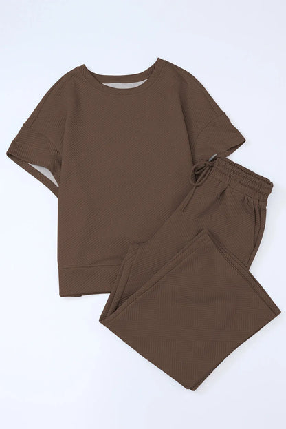 Brown Textured Loose Fit T Shirt and Drawstring Pants Set - Chic Meadow Boutique 