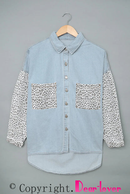 Sky Blue Contrast Leopard Denim Jacket - Chic Meadow Boutique 