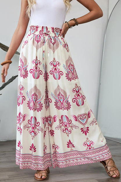 Rose Boho Printed Shirred High Waist Flowy Wide Leg Pants