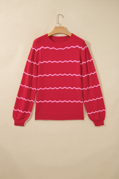 Red Stripe Striped Round Neck Long Sleeve Shift Pullover Sweater