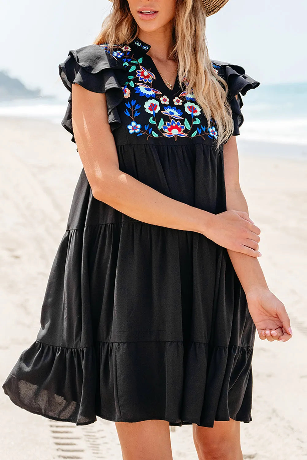 Black Floral Embroidered Tiered Ruffled Mini Dress - Chic Meadow Boutique 