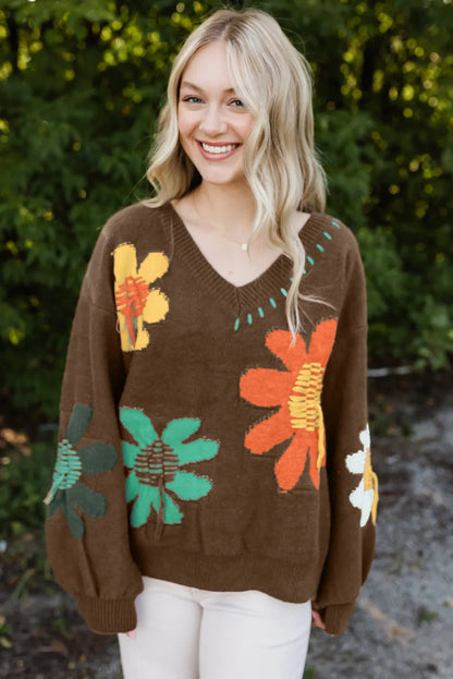 Coffee Big Flower Pattern V Neck Drop Shoulder Sweater - Chic Meadow Boutique 