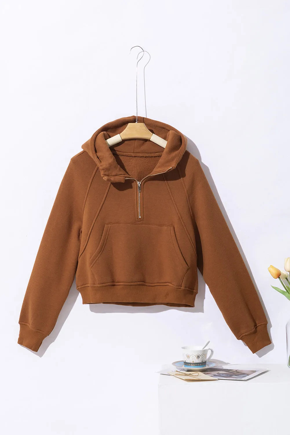 Brown Quarter Zip Kangaroo Pocket Hoodie - Chic Meadow Boutique 