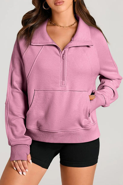 Valerian Quarter Zip Stand Neck Kangaroo Pocket Sweatshirt - Chic Meadow Boutique 