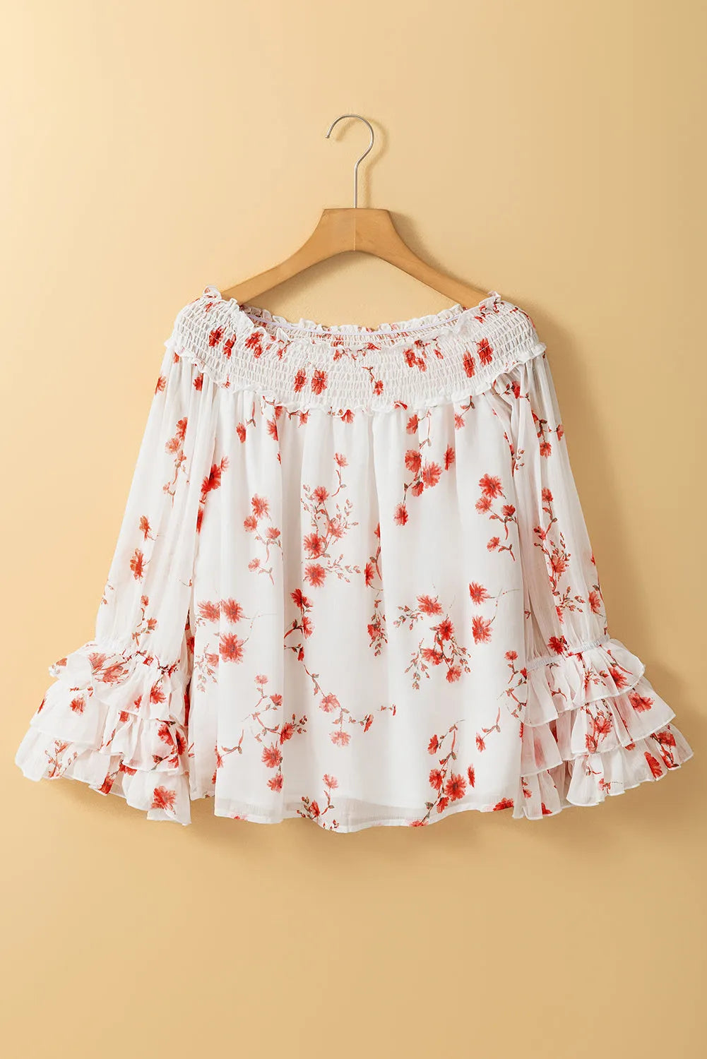 White Floral Print Shirred Off Shoulder Ruffled Sleeve Blouse - Chic Meadow Boutique 