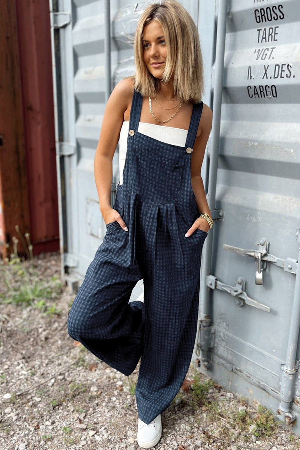 Sail Blue Plaid Print Buttoned Pocketed High Waist Overall