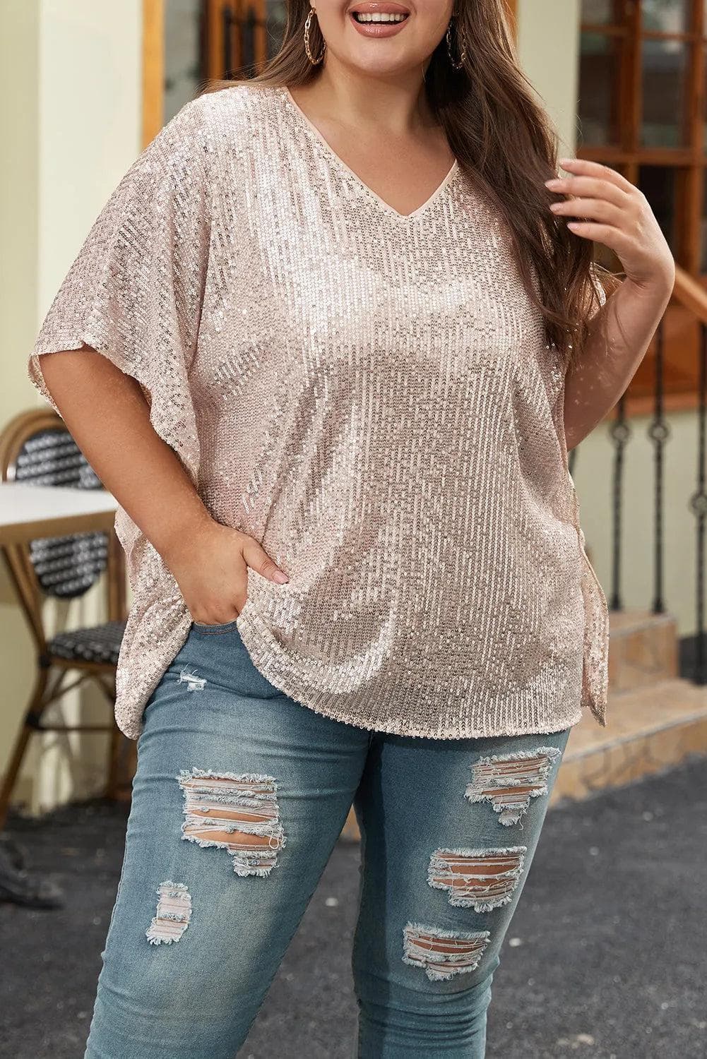 Plus Size/Plus Size Tops/Plus Size Tops & Tees Apricot Plus Size Sequined V Neck Boxy Top