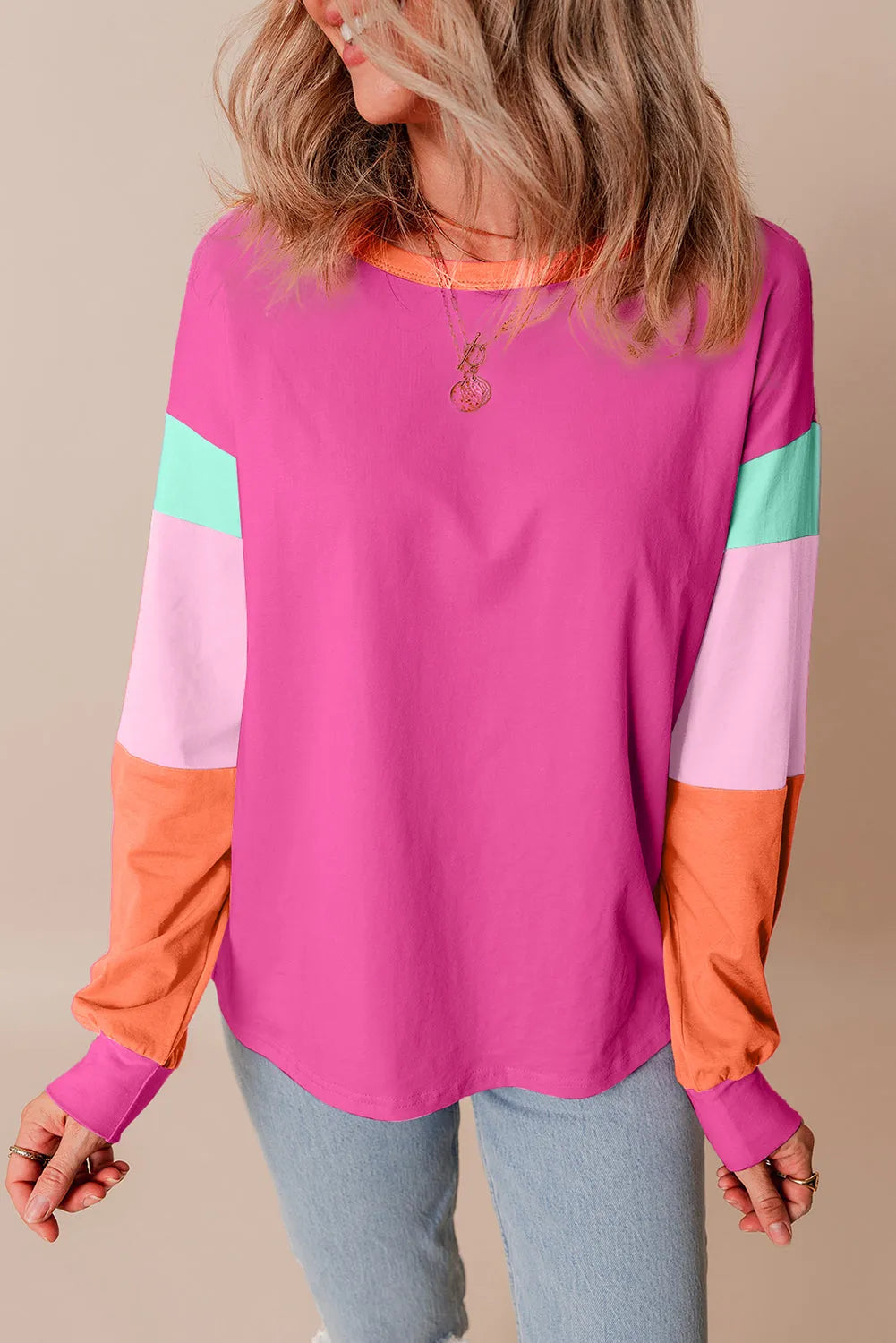 Rose Red Colorblock Patchwork Long Sleeve Loose Top - Chic Meadow Boutique 