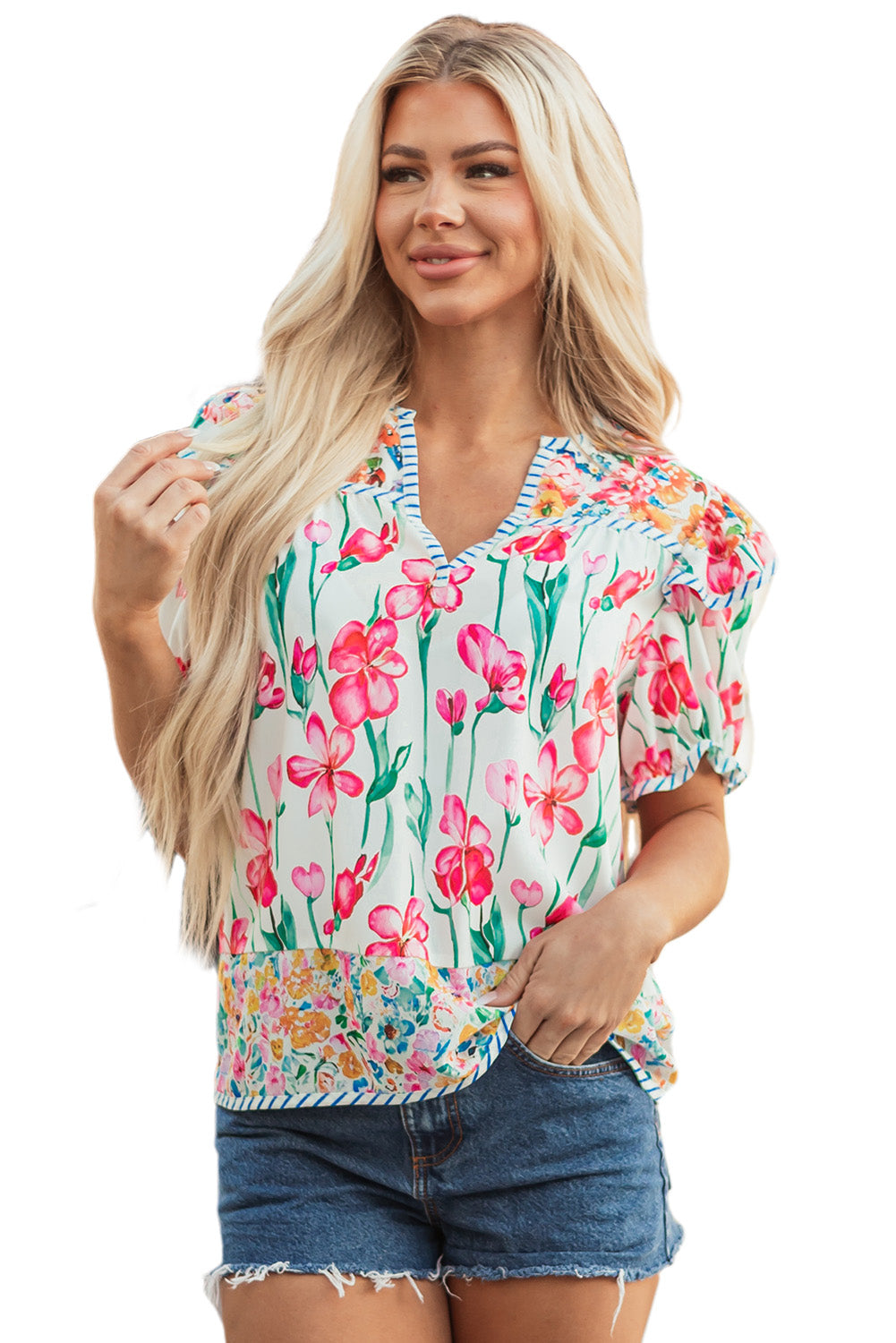 Pink Floral Print Striped Detail Split Neck Short Sleeve Blouse