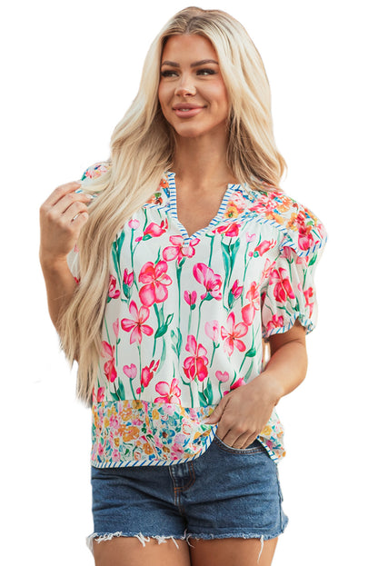 Pink Floral Print Striped Detail Split Neck Short Sleeve Blouse