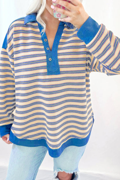 Blue Stripe Buttoned V Neck Collared Drop Shoulder Top