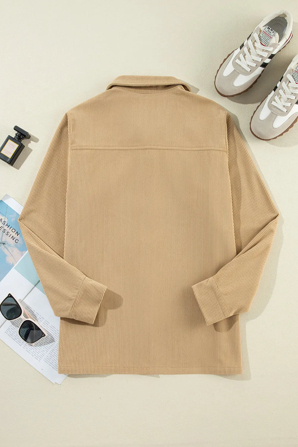 Light French Beige Solid Frilled Flap Pocket Button Up Corduroy Shacket - Chic Meadow Boutique 