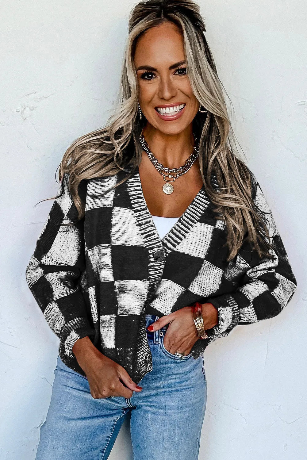 Black Checkered Drop Shoulder Buttoned V Neck Cardigan - Chic Meadow Boutique 