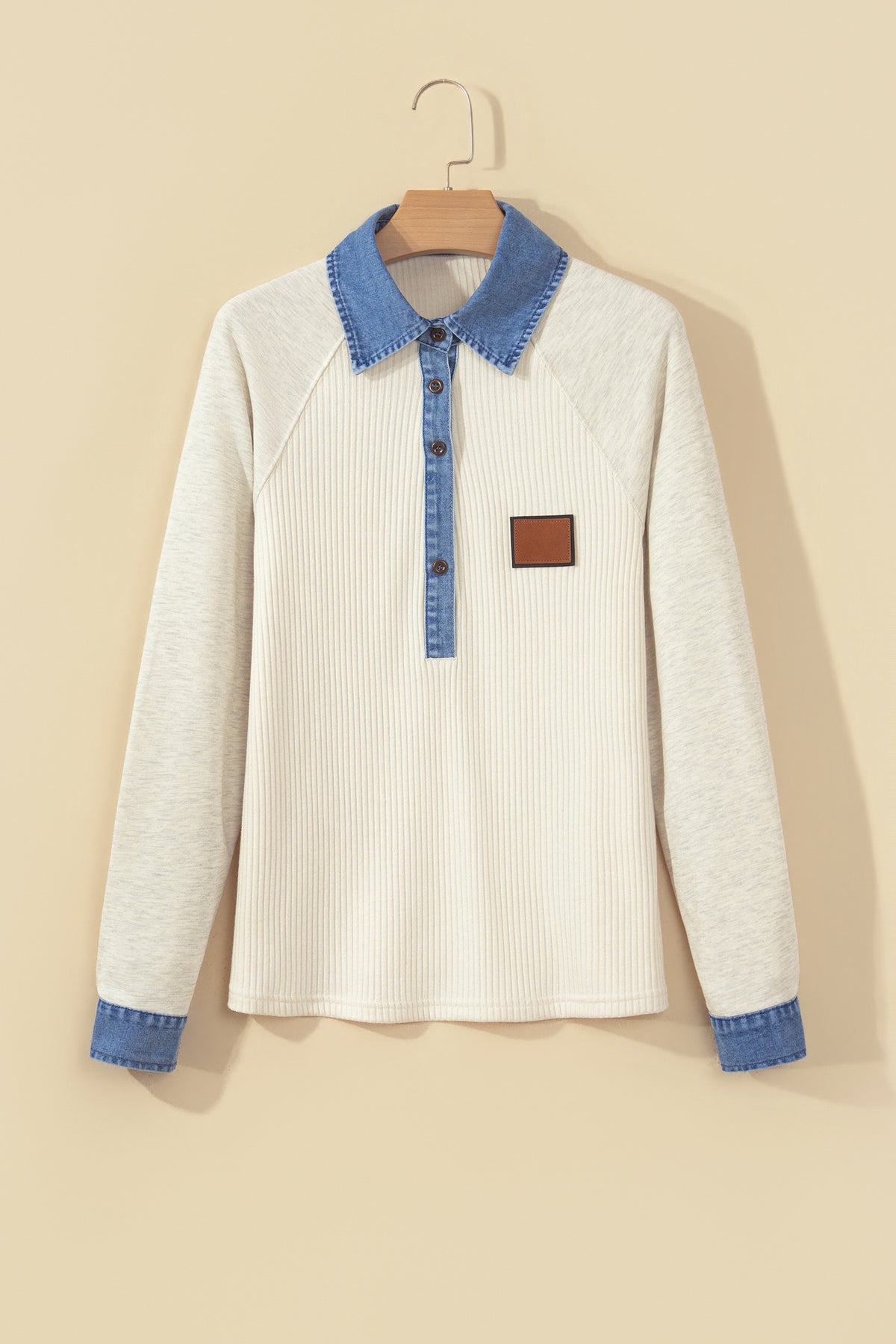 Light Grey Ribbed Denim Colorblock Detail Button Collar Long Sleeve Top