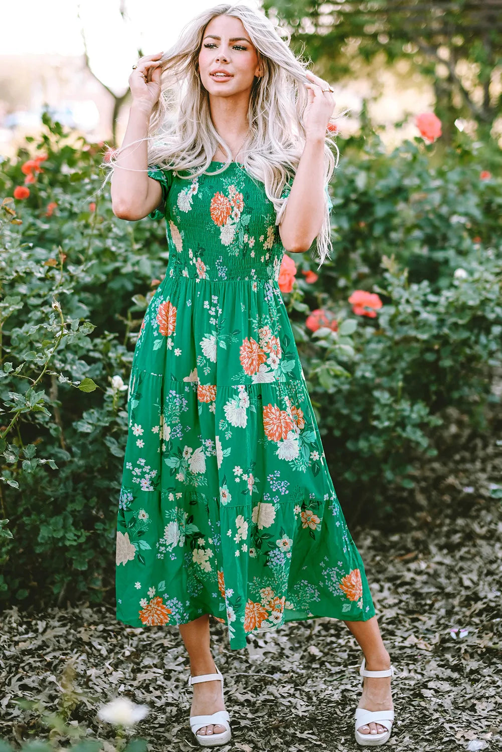 Green Floral Print Bubble Sleeve Smocked Tiered Midi Dress - Chic Meadow Boutique 