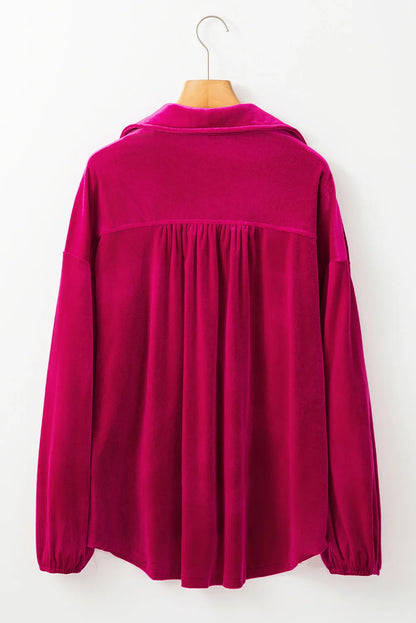 Pitaya Pink Buttoned V Neck Chest Pocket Velvet Shirt - Chic Meadow Boutique 