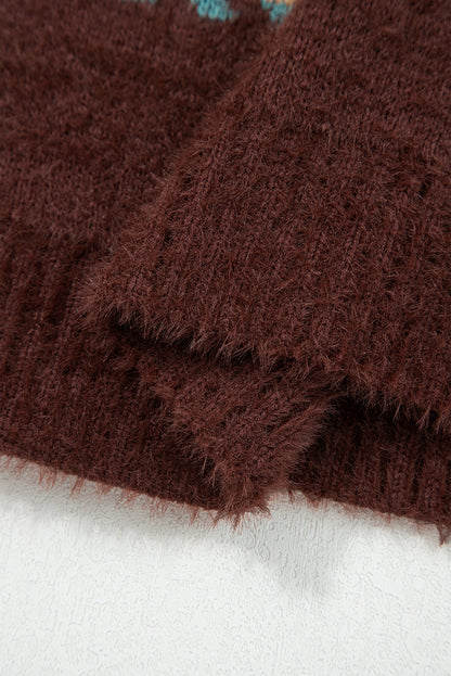 Brown Ethnic Pattern Mohair Knitted Drop Shoulder Sweater