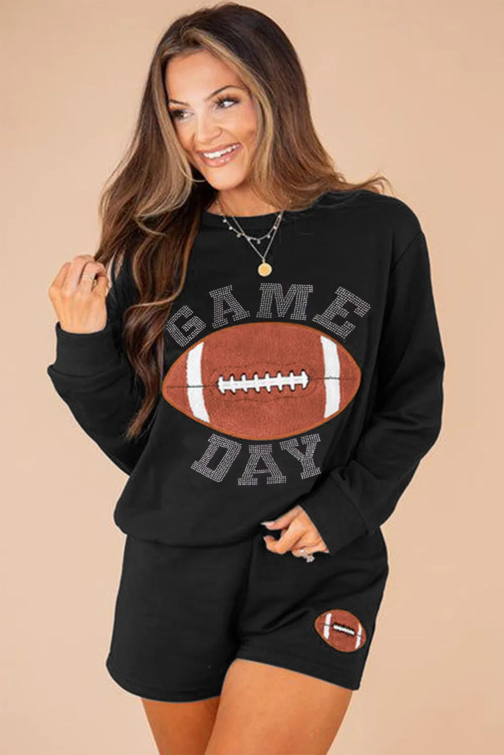 Black GAME DAY Rugby Football Graphic Pullover and Shorts Casual Outfit - Chic Meadow Boutique 