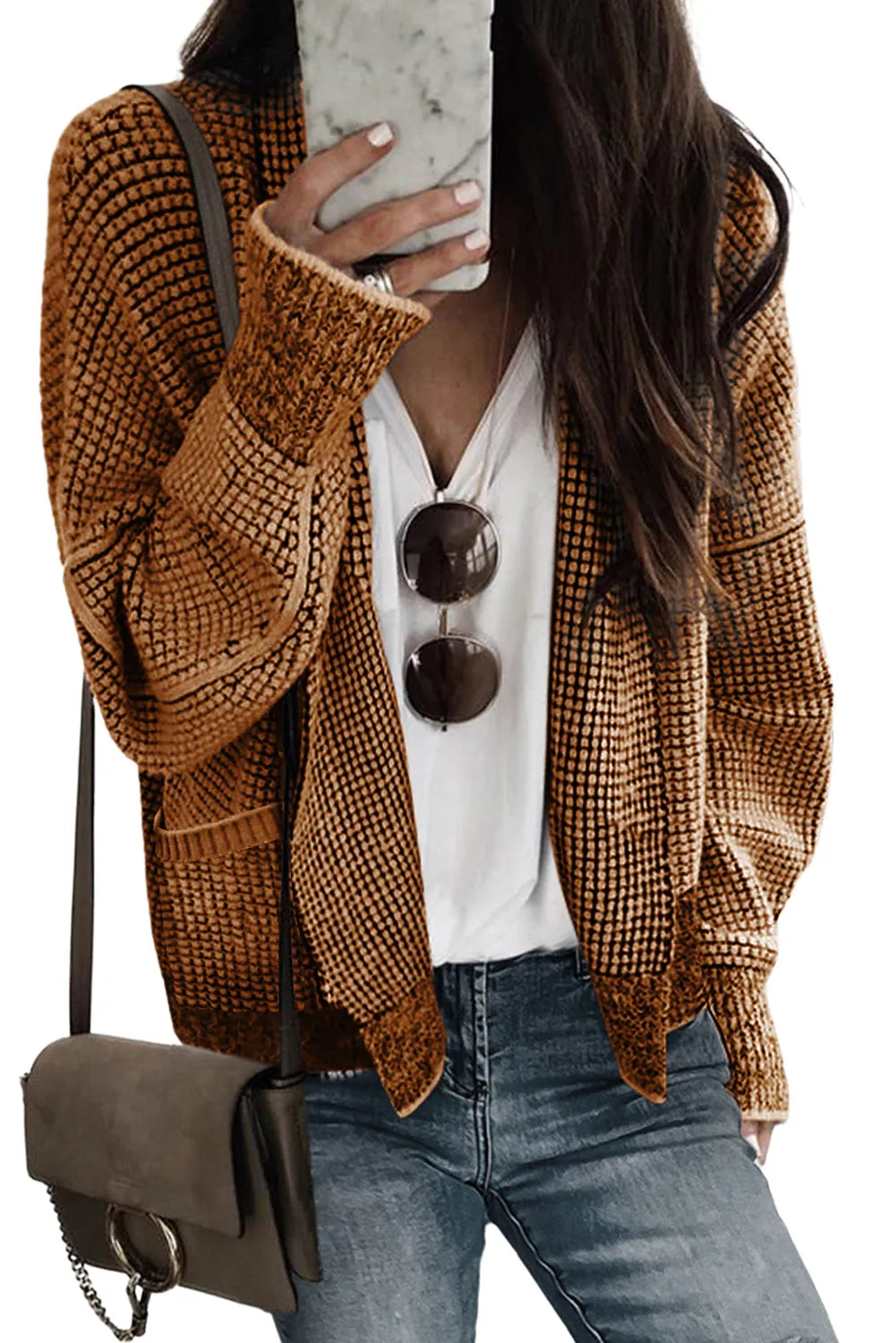 Brown Chunky Waffle Knit Oversized Collar Cardigan - Chic Meadow Boutique 