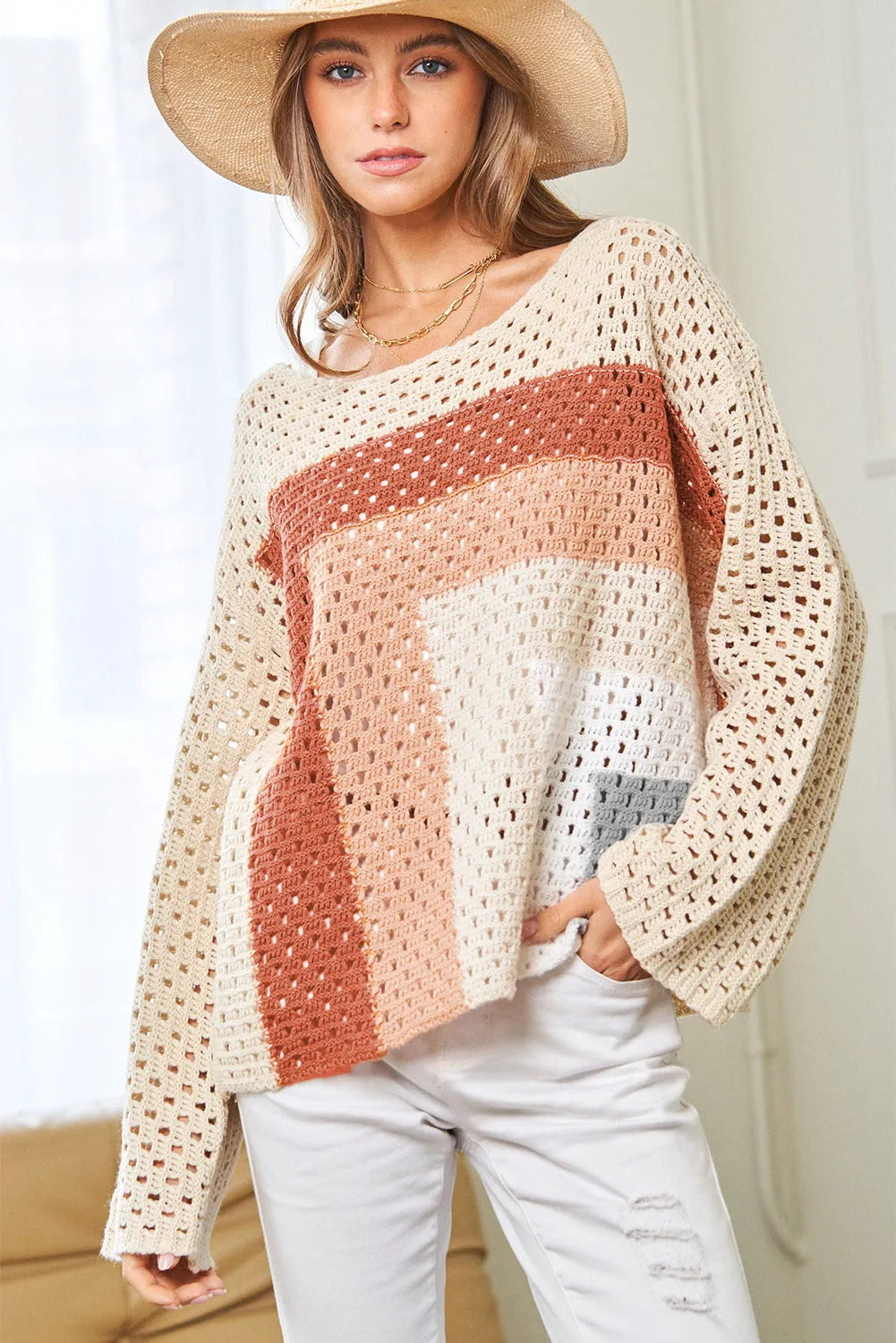 Apricot Pointelle Knit Colorblock Baggy Sweater - Chic Meadow Boutique 