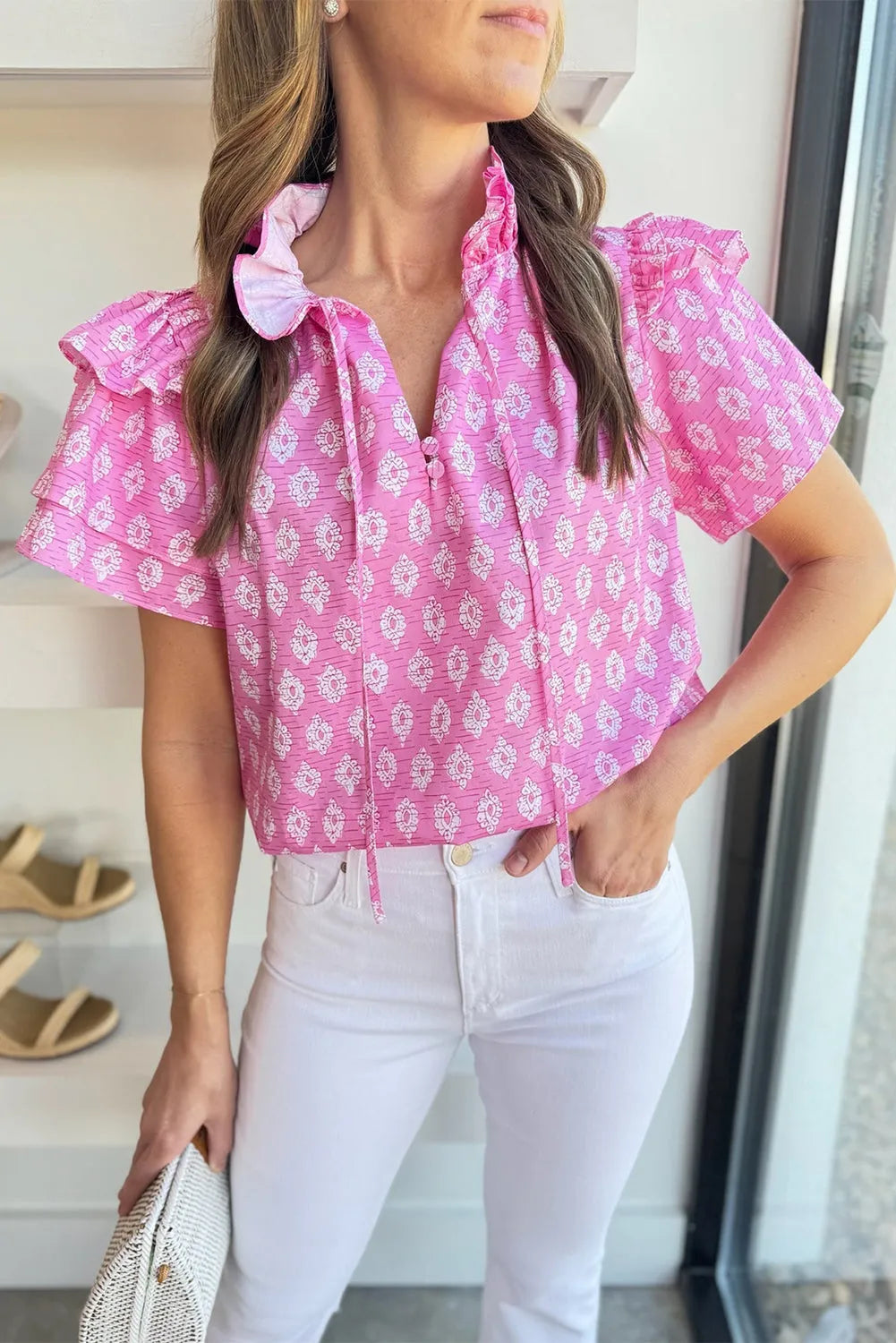 Pink Vintage Floral Ruffled Split Neck Short Sleeve Blouse - Chic Meadow Boutique 