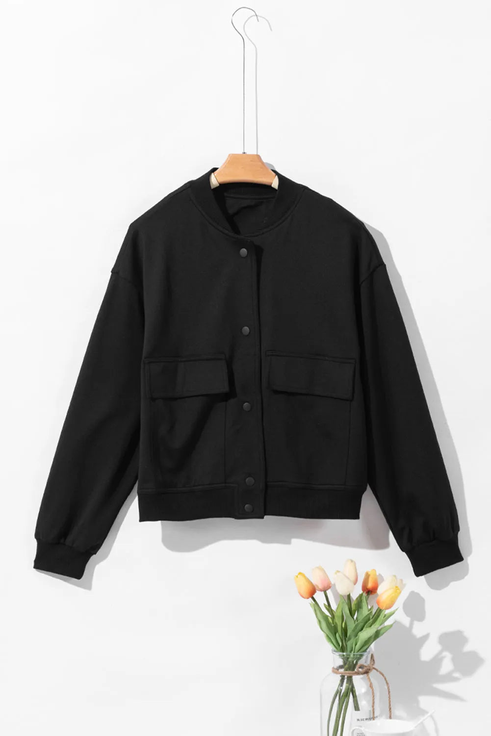 Black Big Pockets Baseball Collar Jacket - Chic Meadow Boutique 