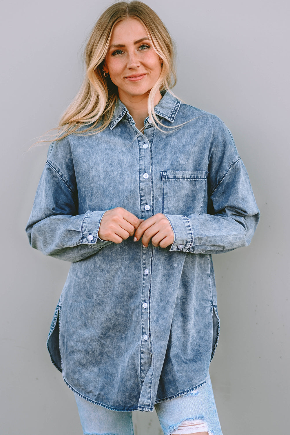 Sky Blue Vintage Washed Chest Pocket Denim Shirt - Chic Meadow Boutique 