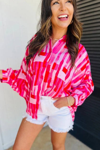 Pink Abstract Print Batwing Sleeve Casual Shirt - Chic Meadow Boutique 