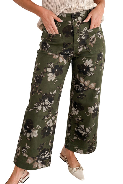 Green Vintage Floral Print Square Patch Pocket Raw Hem Shift Jeans