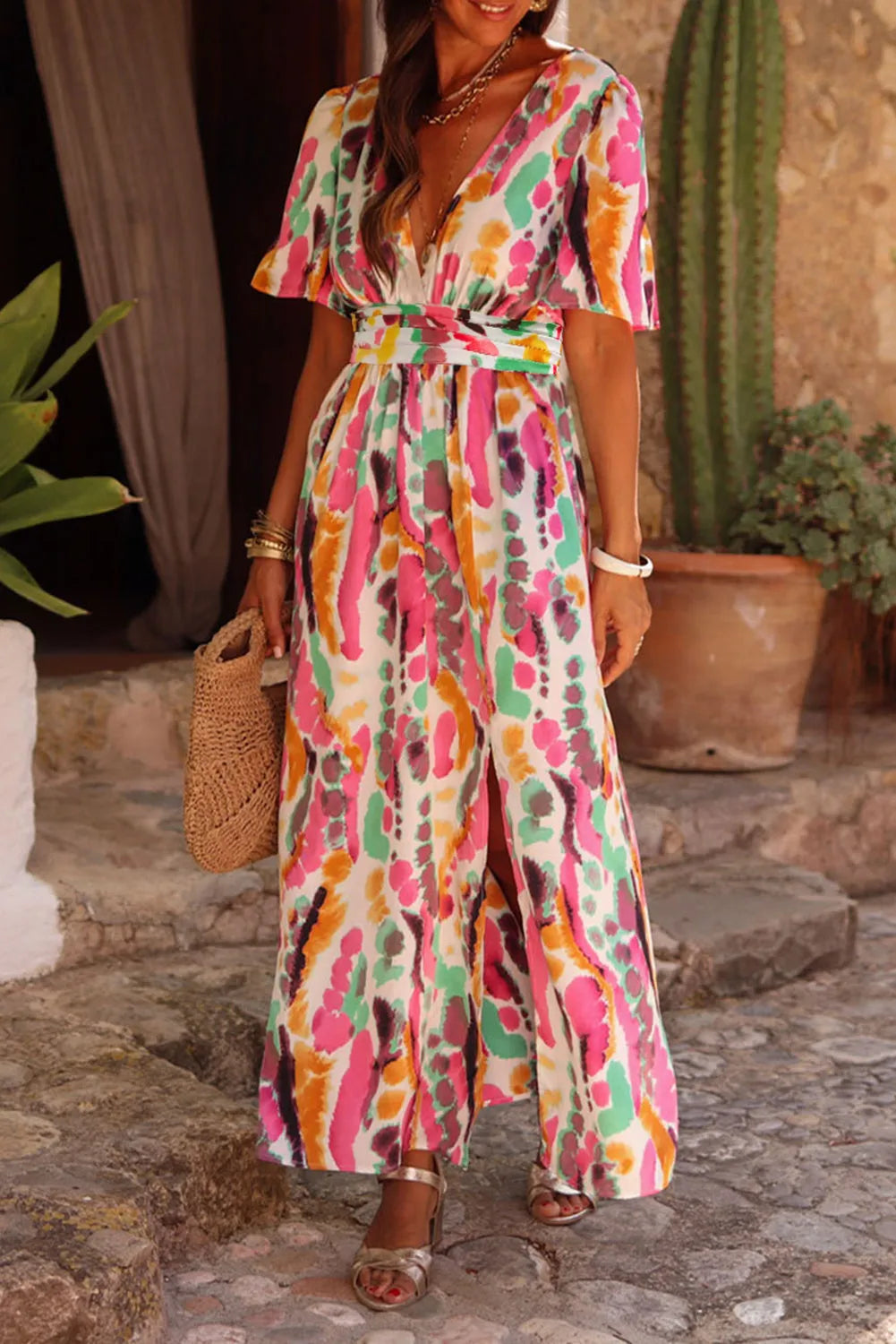 Pink Boho Tie-dye Print V Neck Maxi Dress - Chic Meadow Boutique 