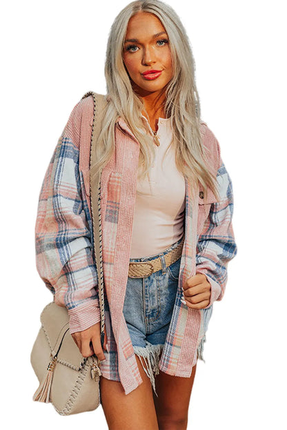 Light Pink Plaid Corduroy Patchwork Chest Pocket Shacket - Chic Meadow Boutique 