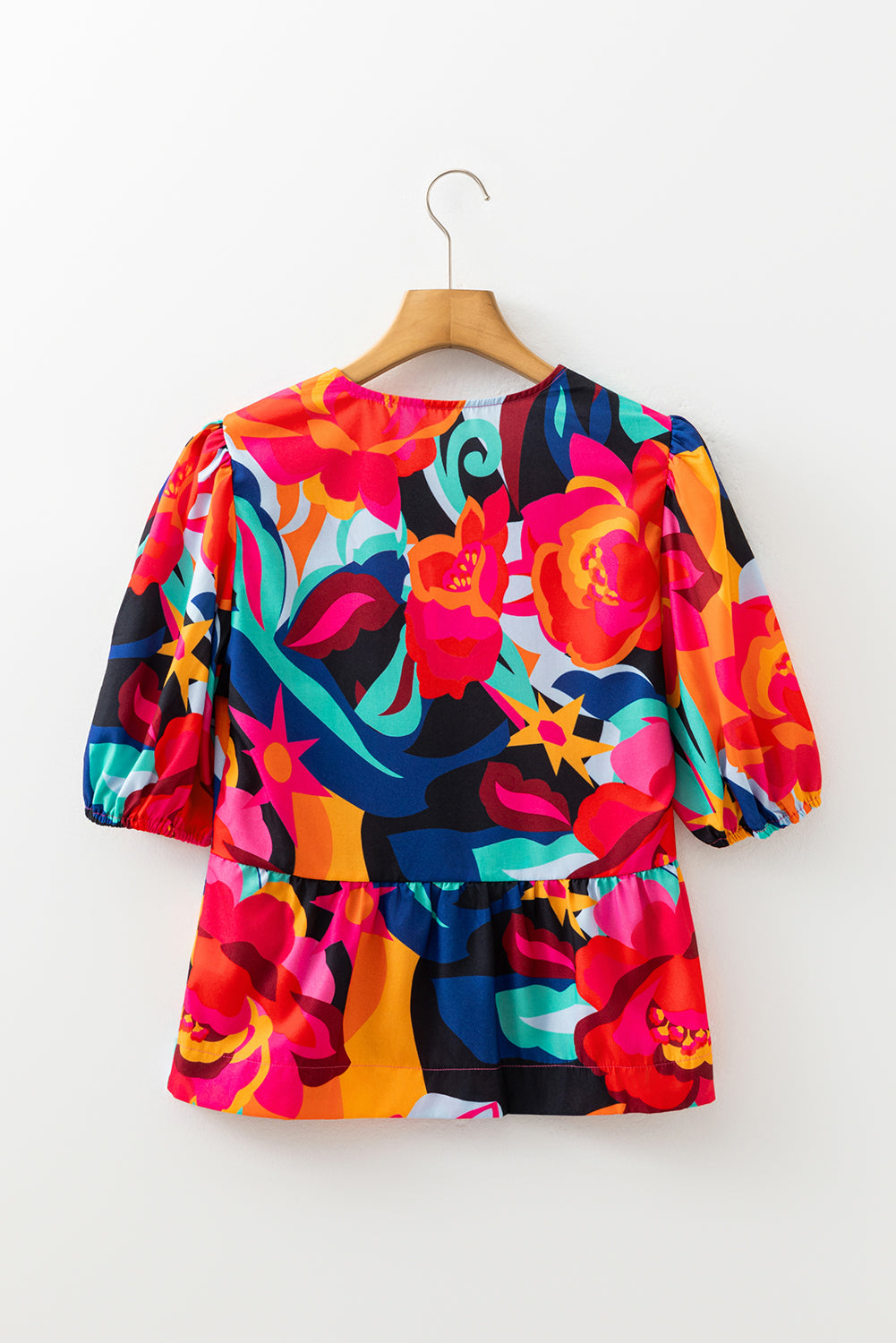 Red Abstract Floral Print Front Tied Puff Sleeve Babydoll Blouse