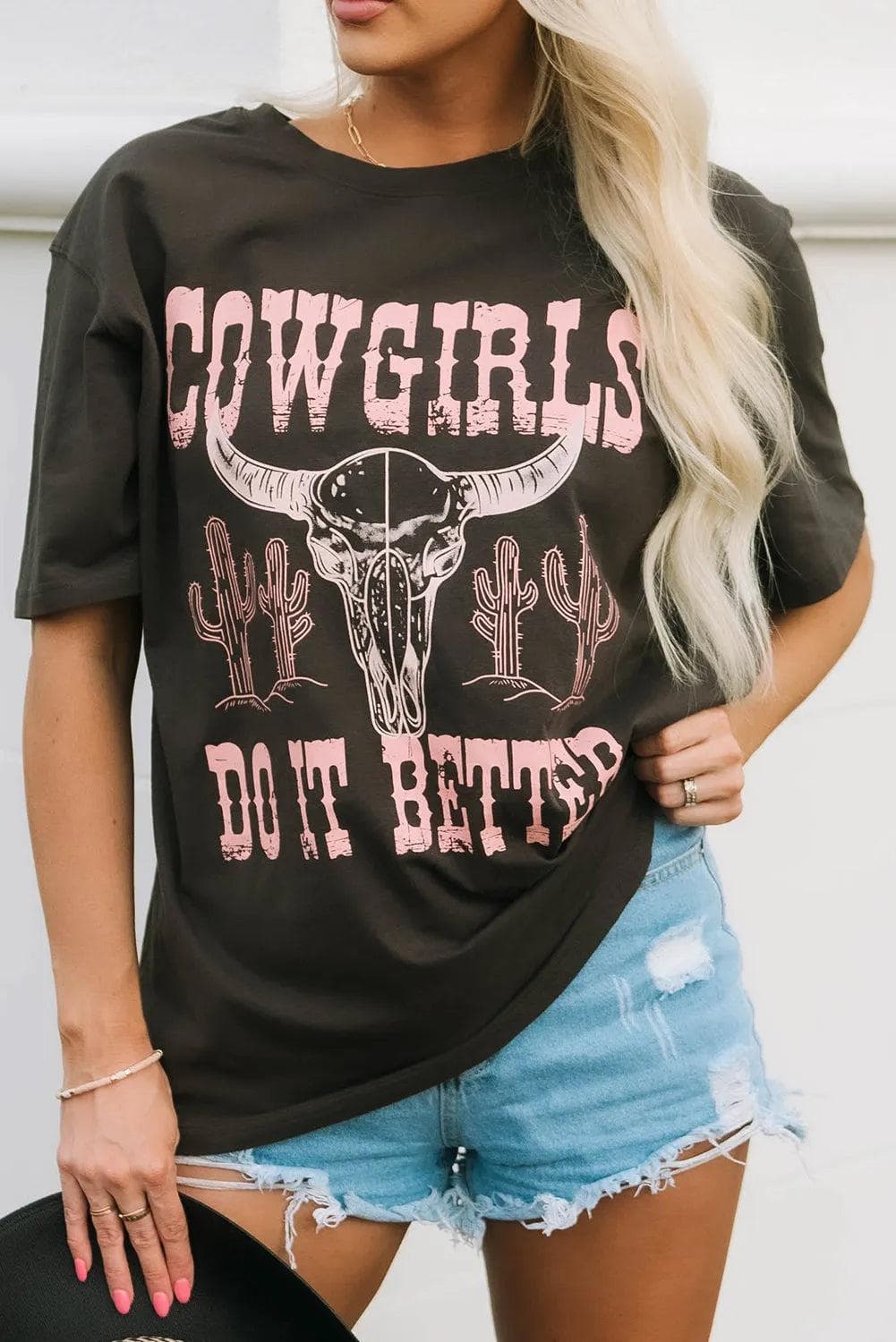 Tops/Tops & Tees Gray COWGIRLS DO IT BETTER Graphic Print Oversized T Shirt