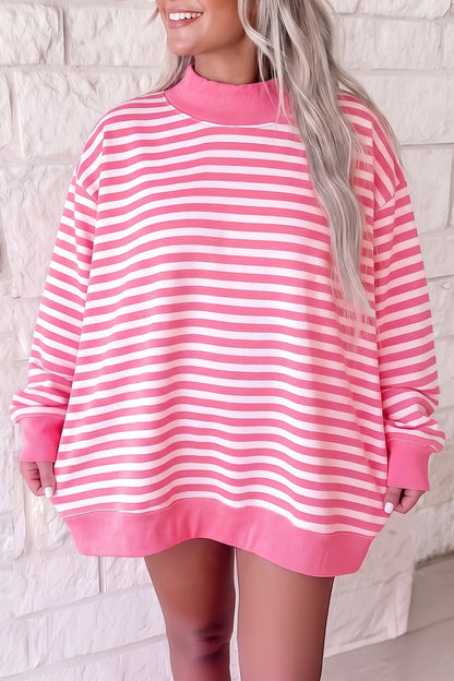 Pink Stripe Cozy Mock Neck Oversized Tunic Sweatshirt