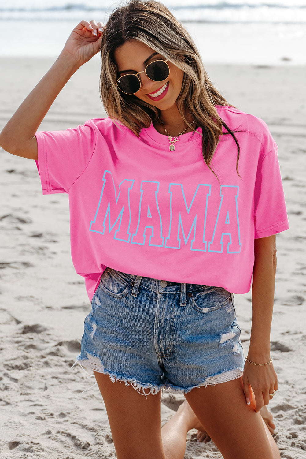 Bright Pink MAMA Letter Graphic Neon T Shirt