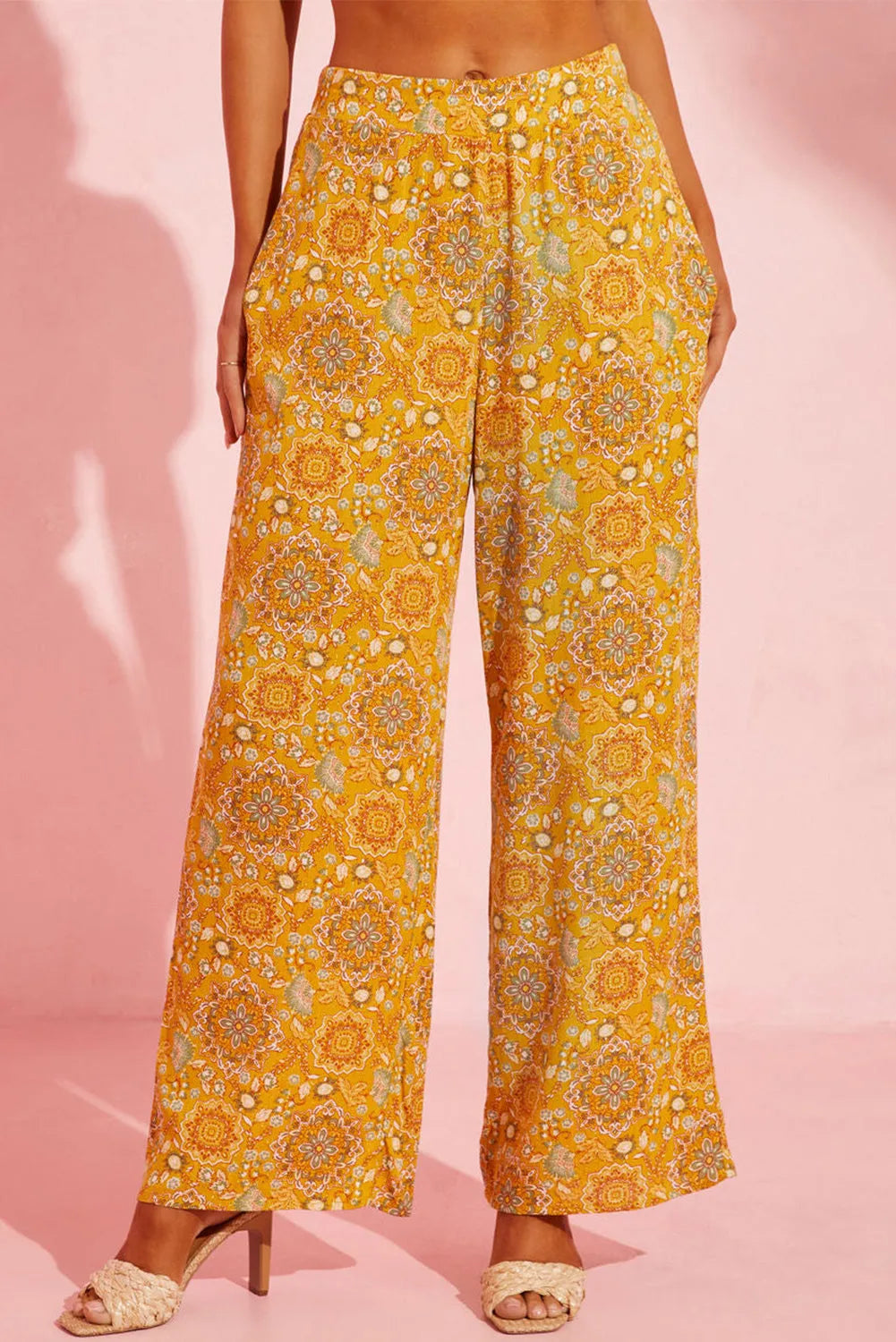 Bottoms/Pants & Culotte Yellow / S / 100%Viscose Yellow Bohemian Floral Print Pocketed Wide Leg Pants