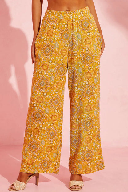 Yellow Bohemian Floral Print Pocketed Wide Leg Pants - Chic Meadow Boutique 